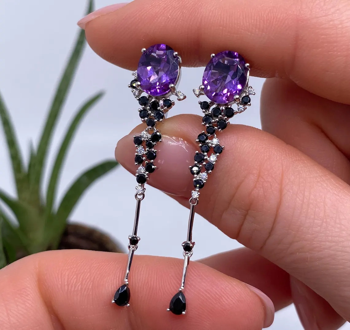 Earrings Earrings with Amethyst and Spinel natural gemstones, Silver 925, Gold plated