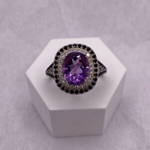 Amethyst, Black Spinel and Zirconia Ring