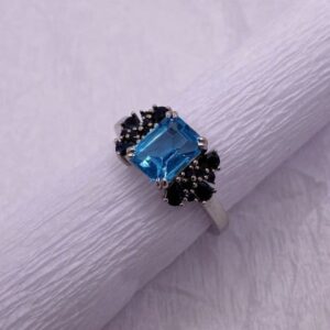 Blue Topaz, Black Spinel and Zirconia Ring