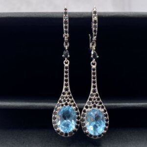 Long Natural Blue Topaz and Black Spinel Dangle Earrings