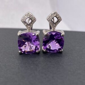 Square Cushion Natural Amethyst and Zirconia Earrings